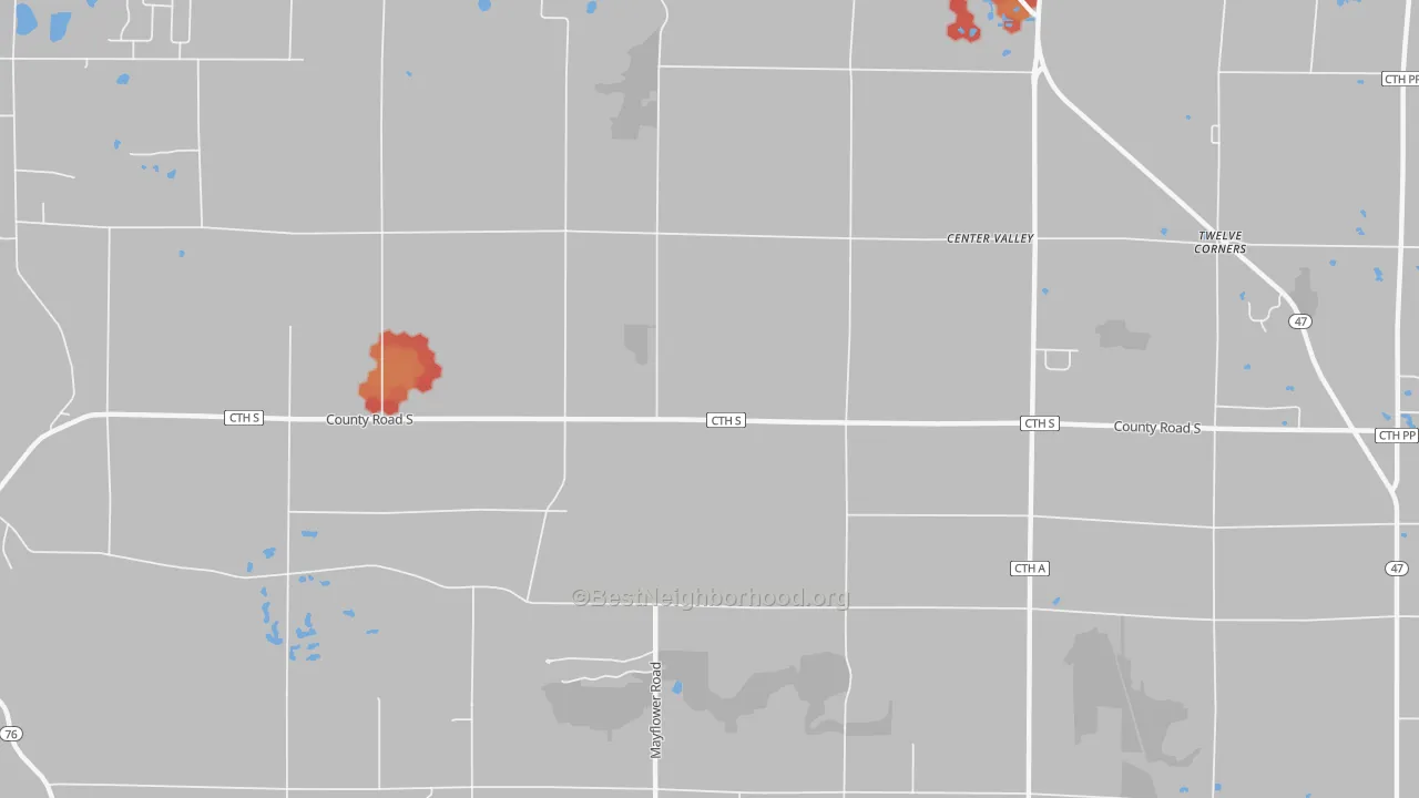 Walk Grade map of Center Valley, WI, walkable areas in green and car-dependent areas in red