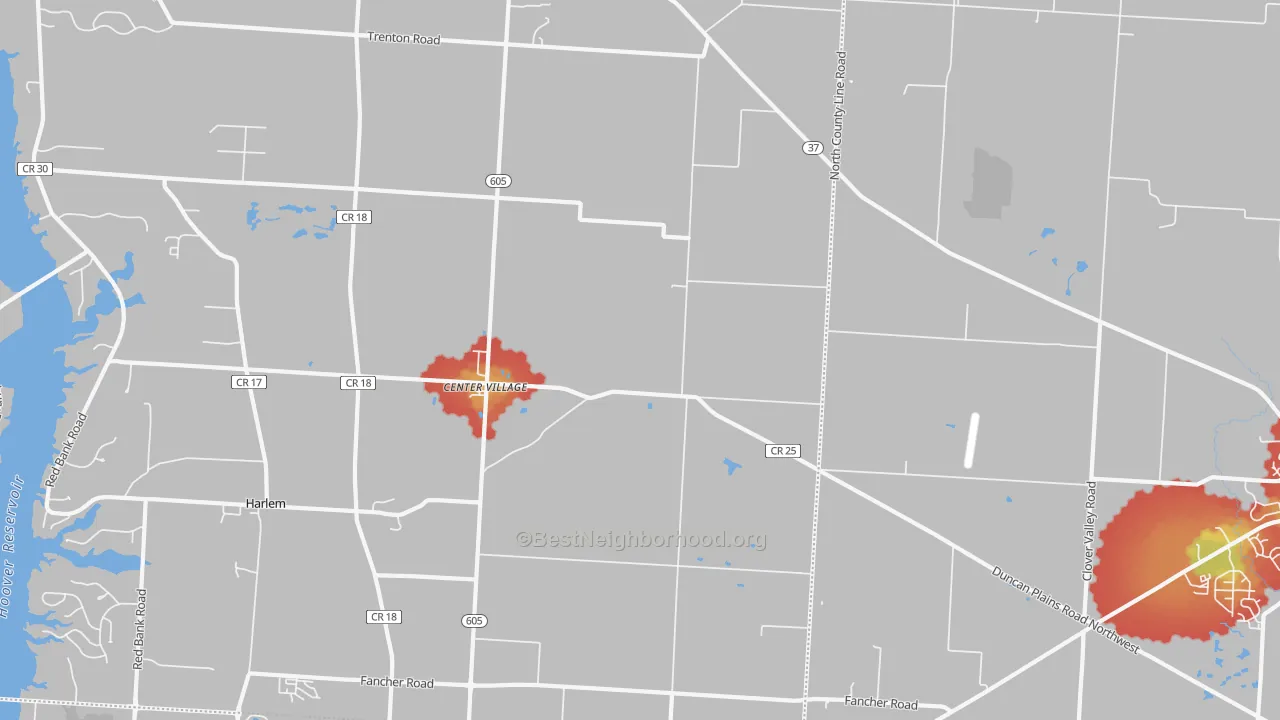 Walk Grade map of Center Village, OH, walkable areas in green and car-dependent areas in red