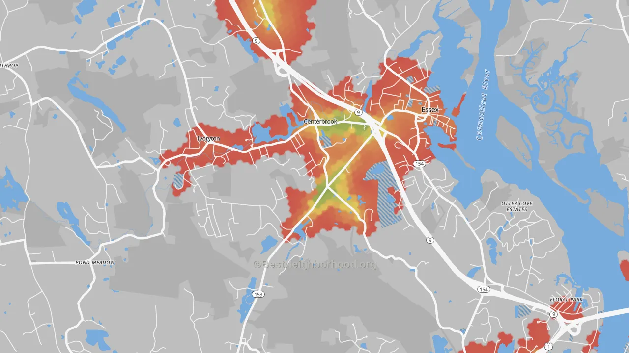Walk Grade map of Centerbrook, CT, walkable areas in green and car-dependent areas in red