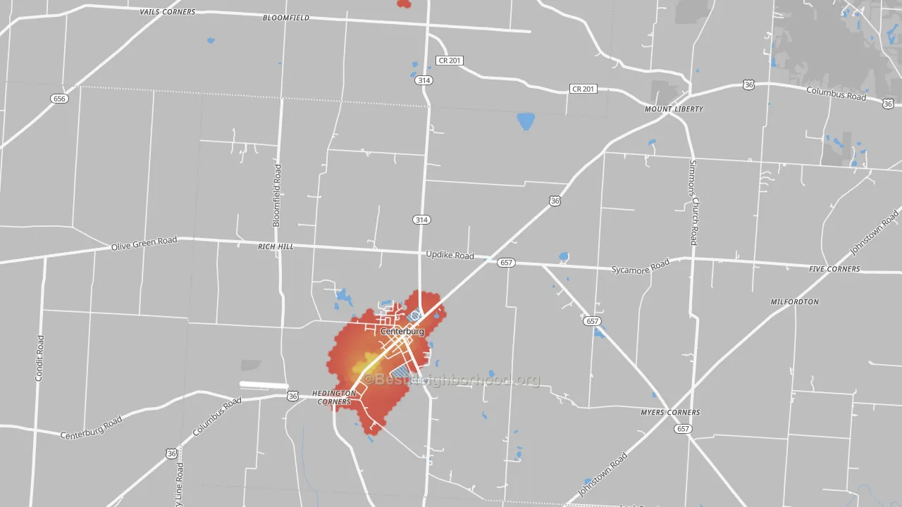 Walk Grade map of Centerburg, OH, walkable areas in green and car-dependent areas in red
