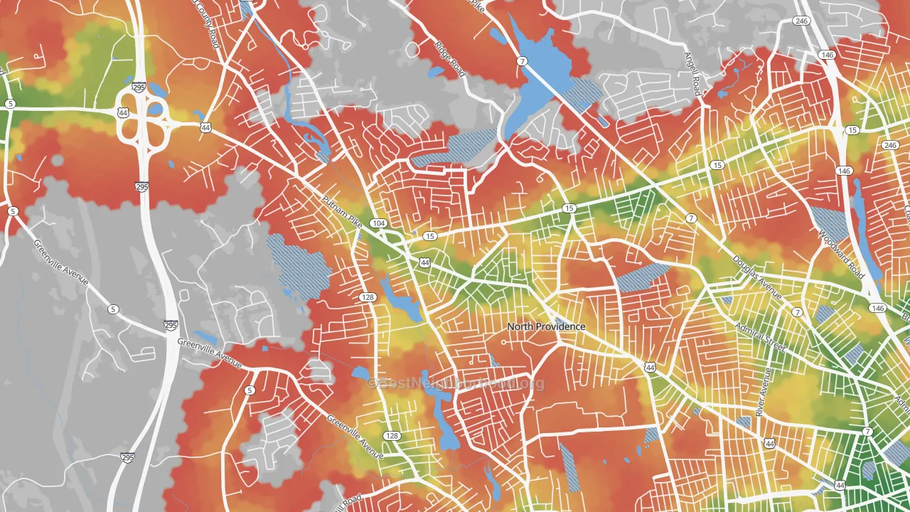 Walk Grade map of Centerdale, Providence, RI, walkable areas in green and car-dependent areas in red