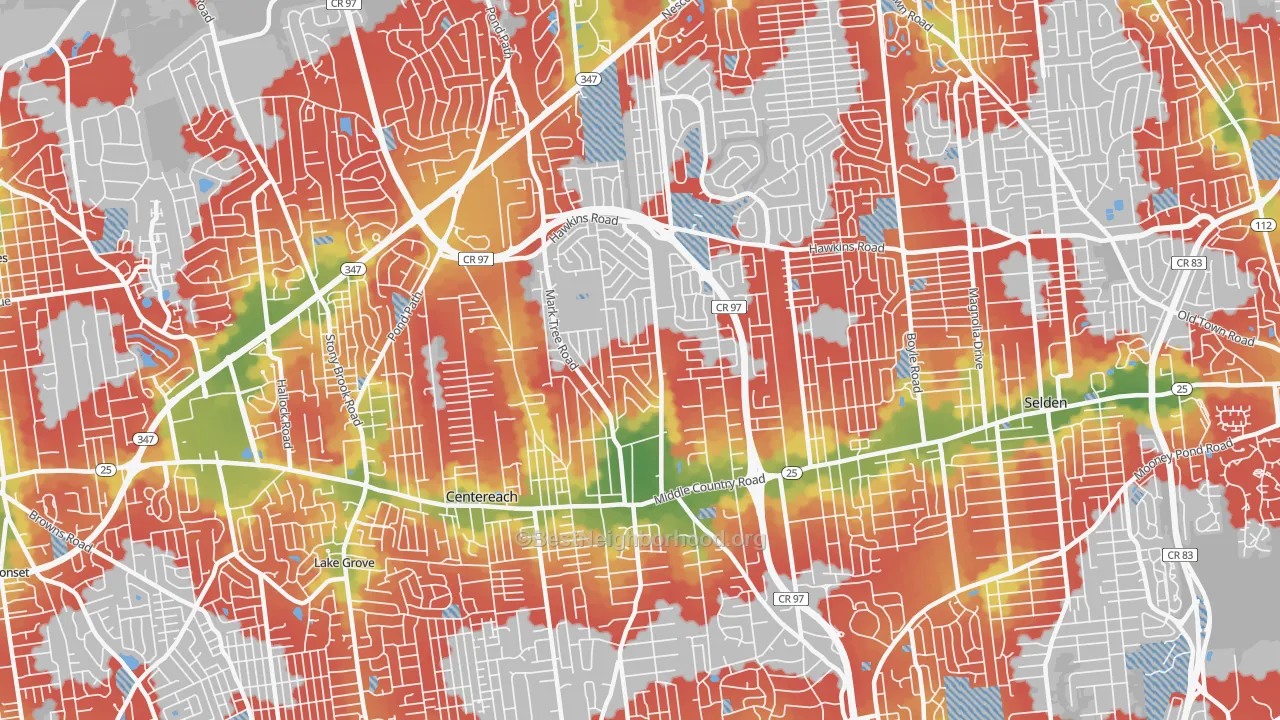 Walk Grade map of Centereach, NY, walkable areas in green and car-dependent areas in red