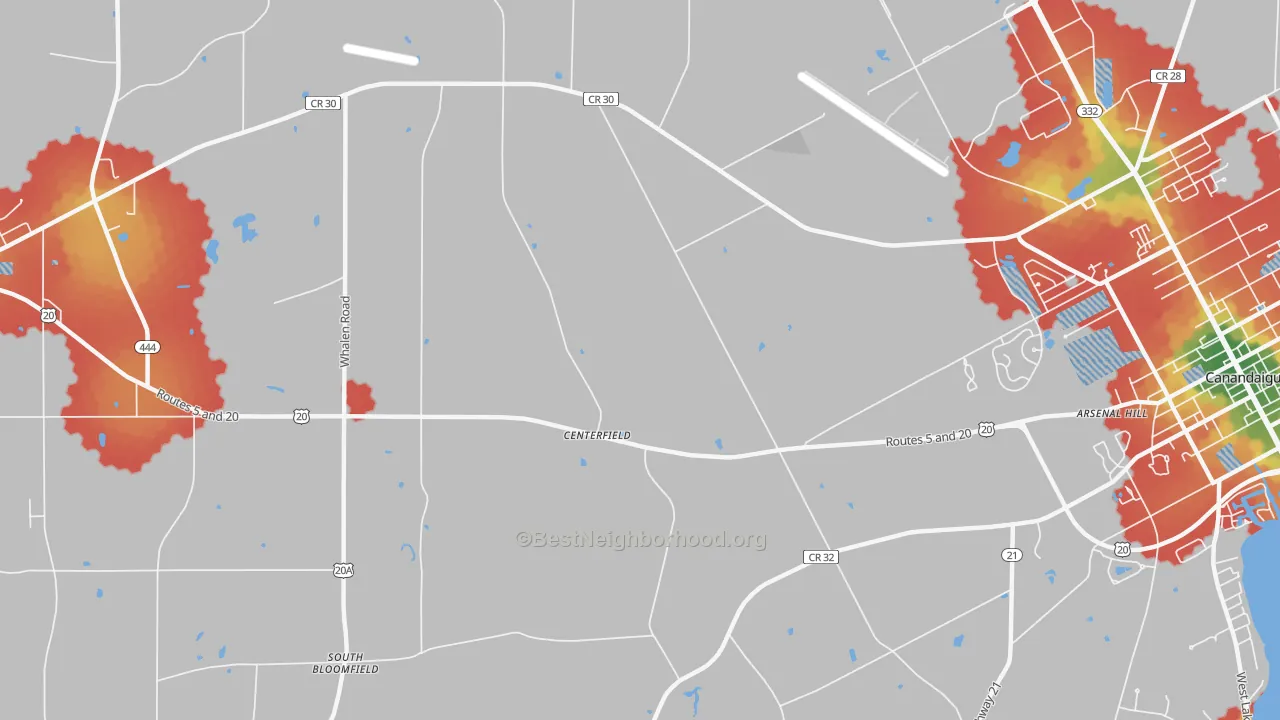 Walk Grade map of Centerfield, NY, walkable areas in green and car-dependent areas in red
