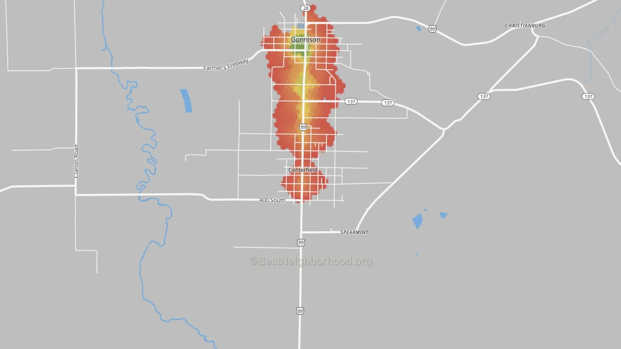 Walk Grade map of Centerfield, UT, walkable areas in green and car-dependent areas in red