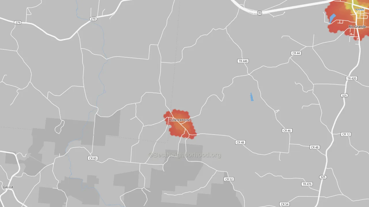 Walk Grade map of Centerpoint, OH, walkable areas in green and car-dependent areas in red