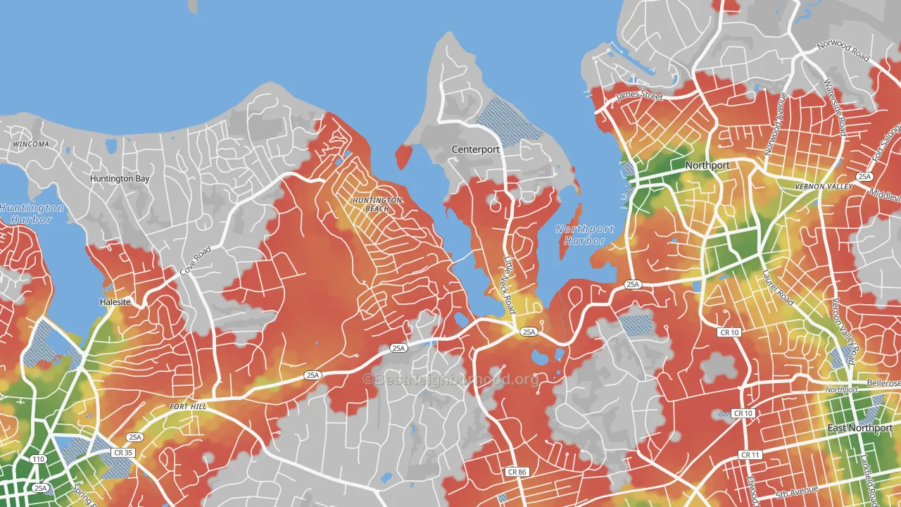 Walk Grade map of Centerport, NY, walkable areas in green and car-dependent areas in red