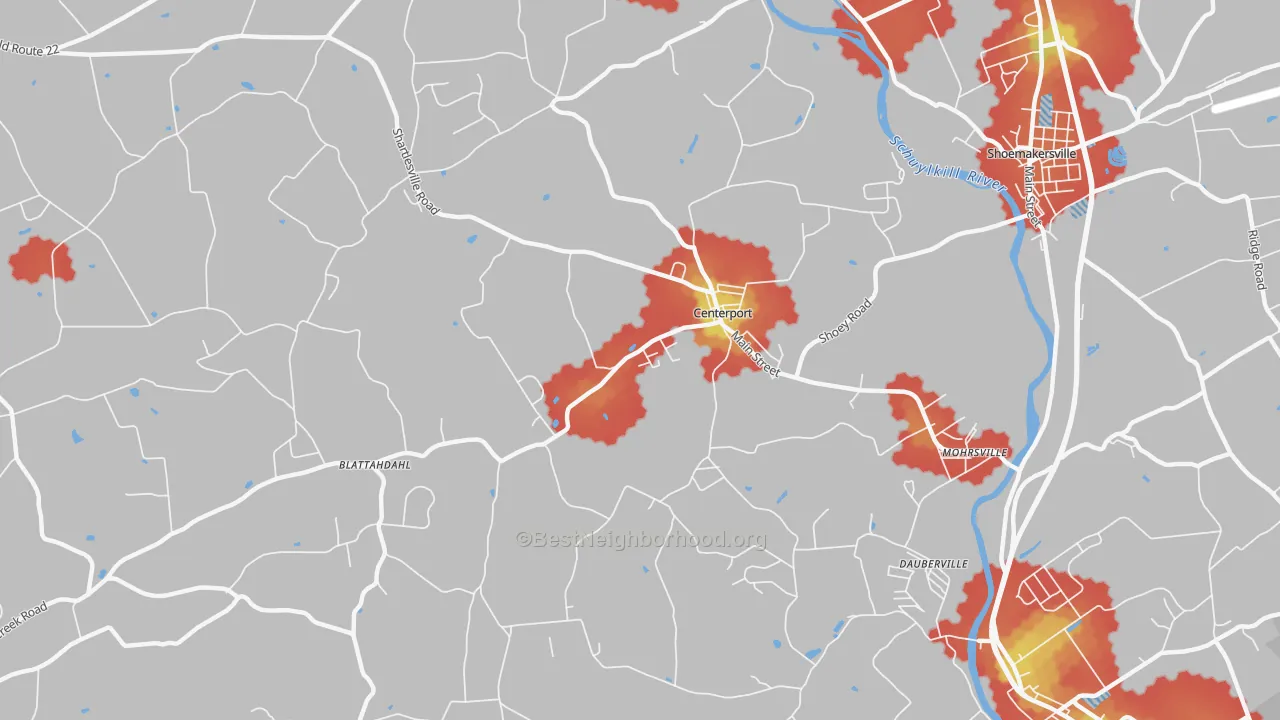 Walk Grade map of Centerport, PA, walkable areas in green and car-dependent areas in red