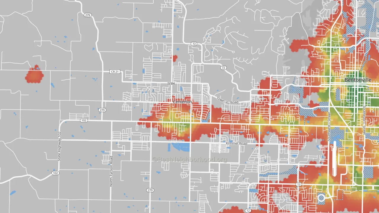 Walk Grade map of Centerton, AR, walkable areas in green and car-dependent areas in red