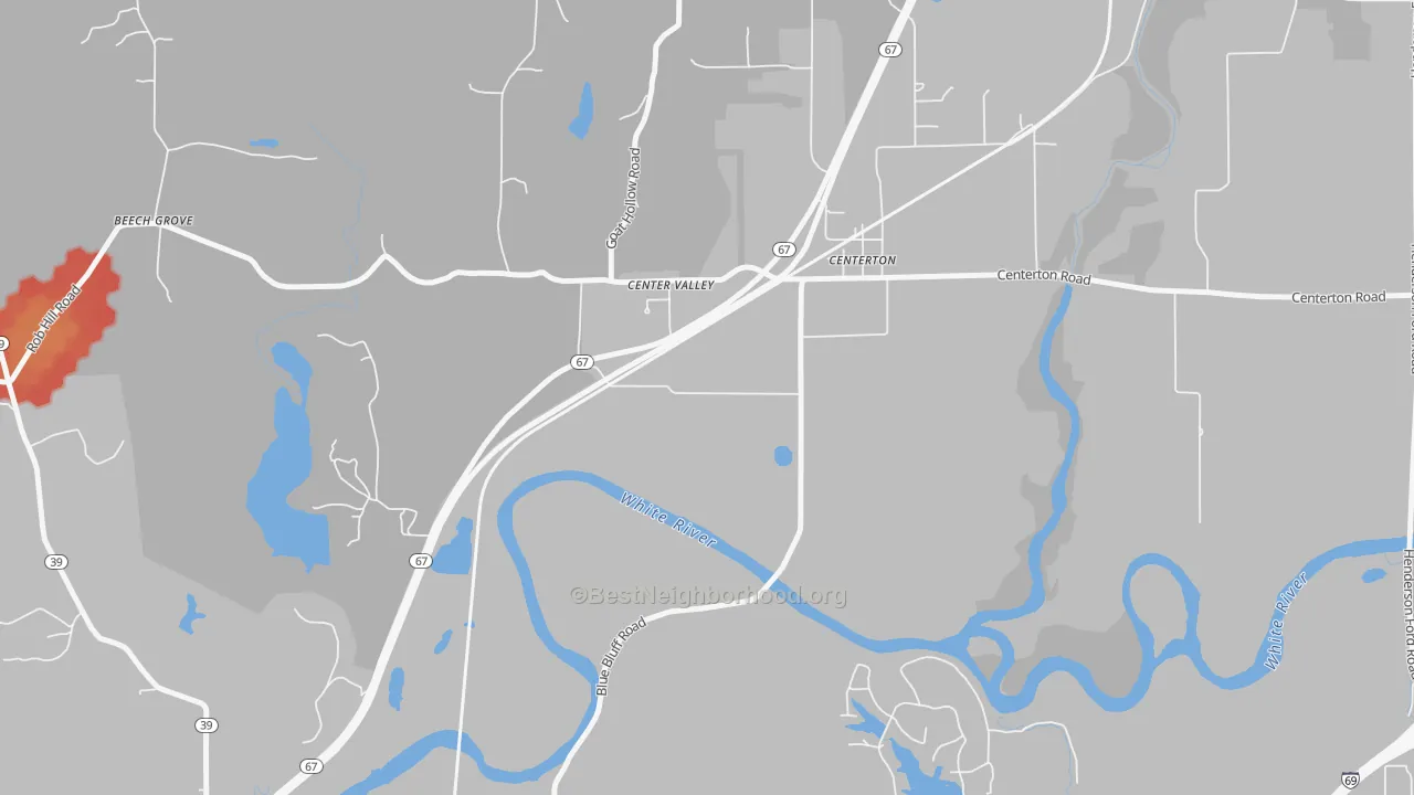Walk Grade map of Centerton, IN, walkable areas in green and car-dependent areas in red