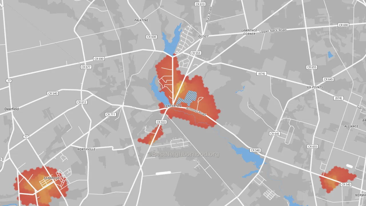 Walk Grade map of Centerton, NJ, walkable areas in green and car-dependent areas in red