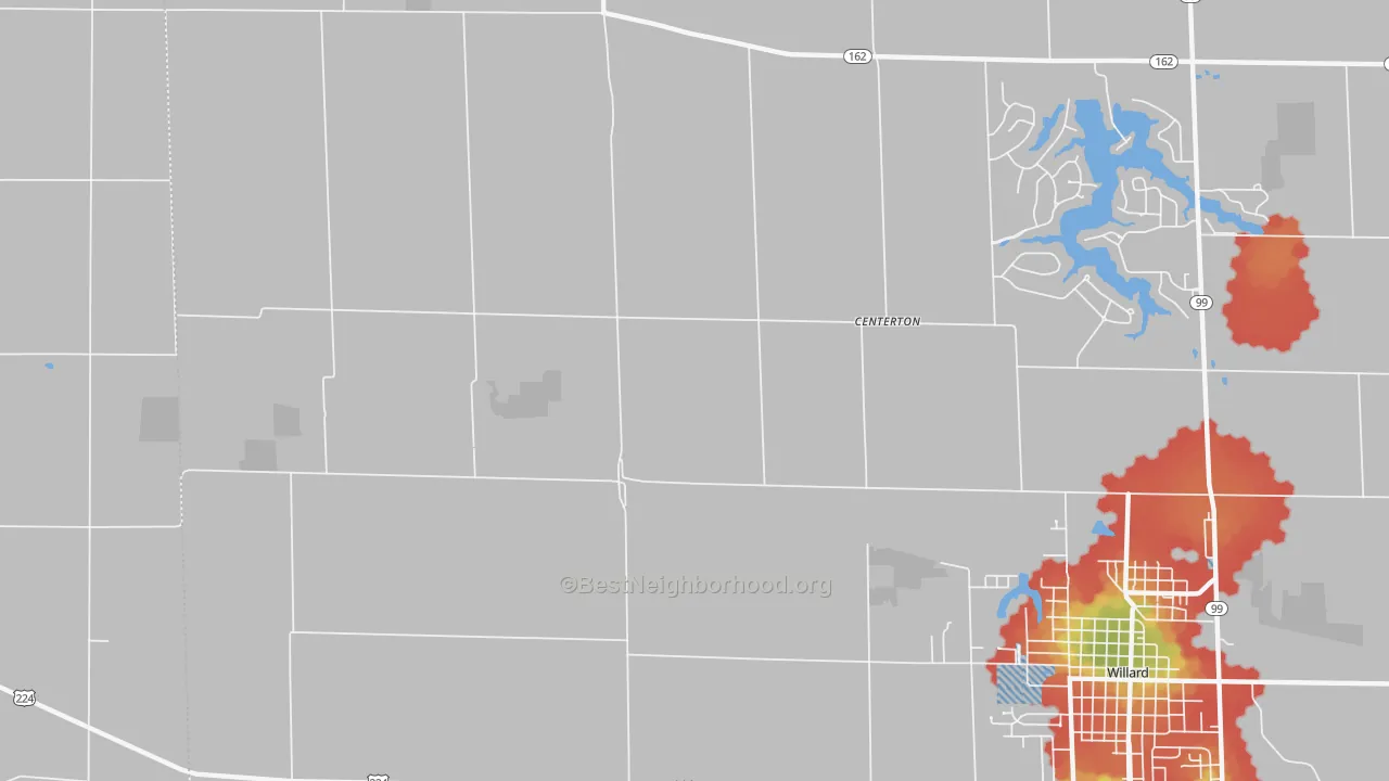 Walk Grade map of Centerton, OH, walkable areas in green and car-dependent areas in red