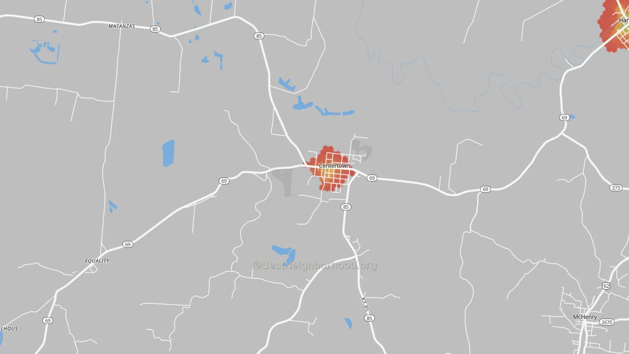 Walk Grade map of Centertown, KY, walkable areas in green and car-dependent areas in red