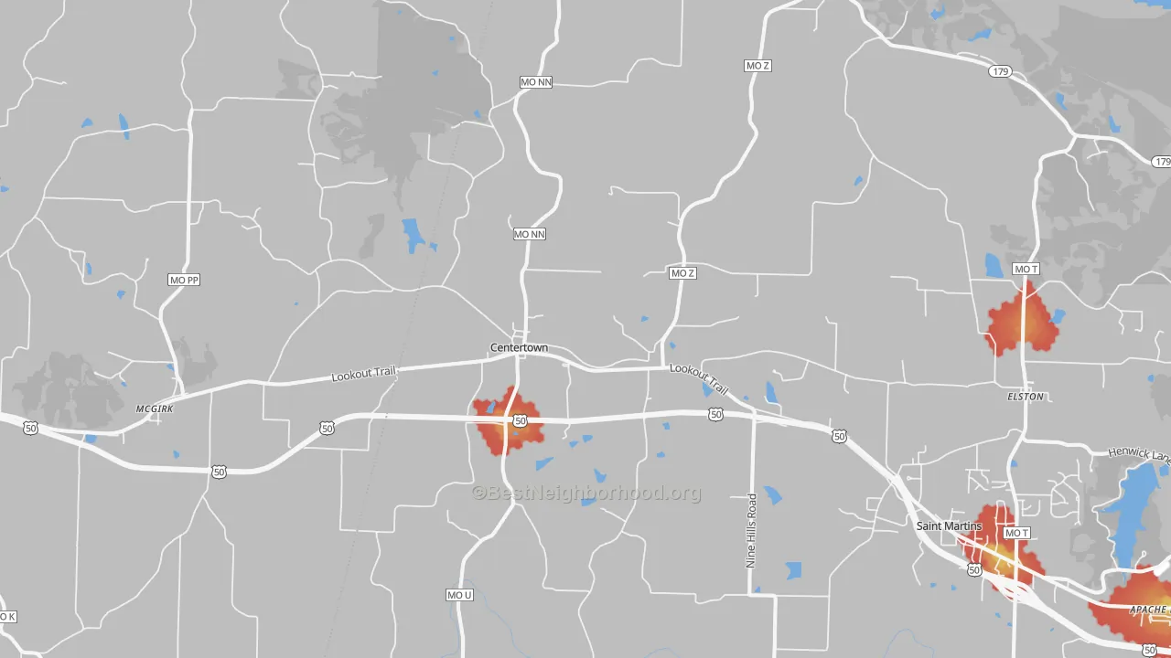 Walk Grade map of Centertown, MO, walkable areas in green and car-dependent areas in red