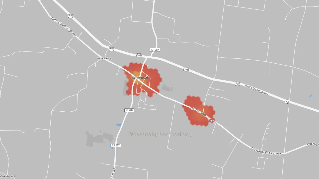 Walk Grade map of Centertown, TN, walkable areas in green and car-dependent areas in red