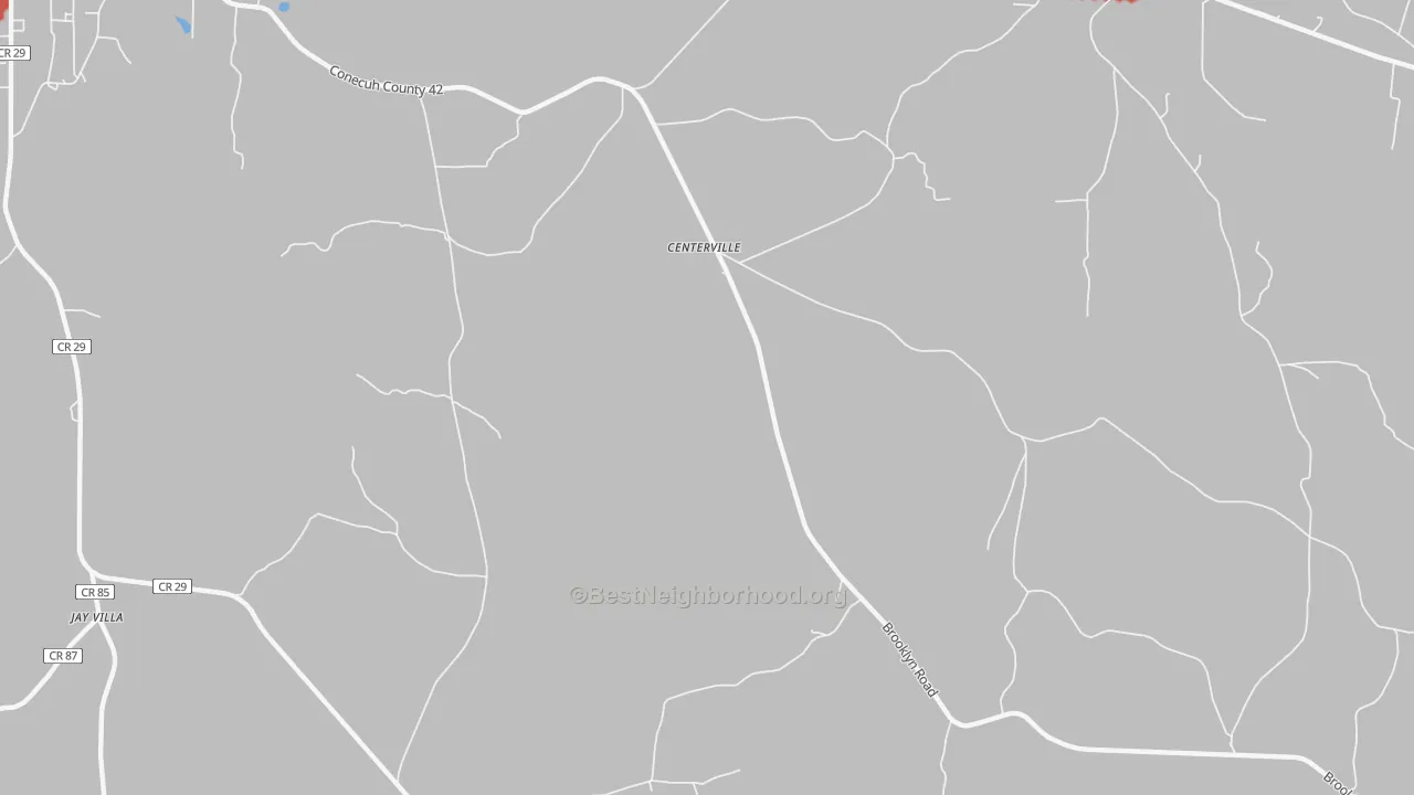 Walk Grade map of Centerville, AL, walkable areas in green and car-dependent areas in red