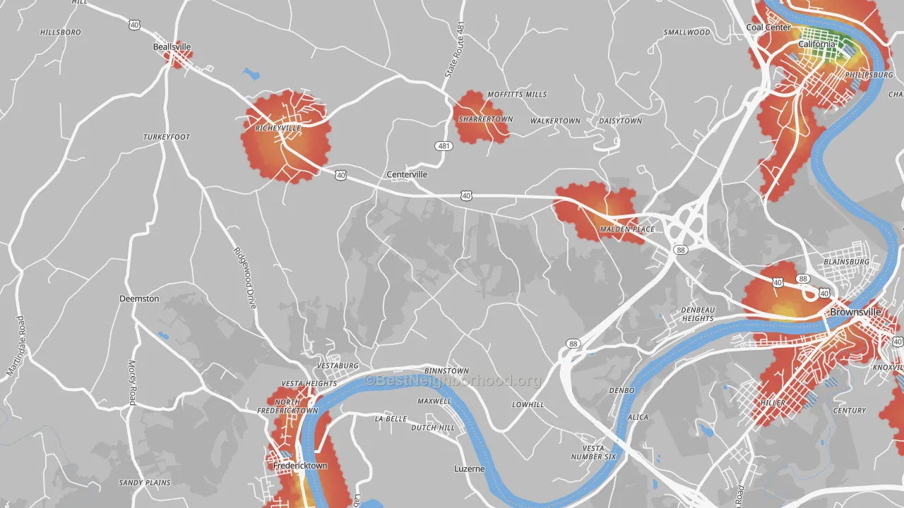 Walk Grade map of Centerville, Brownsville, PA, walkable areas in green and car-dependent areas in red