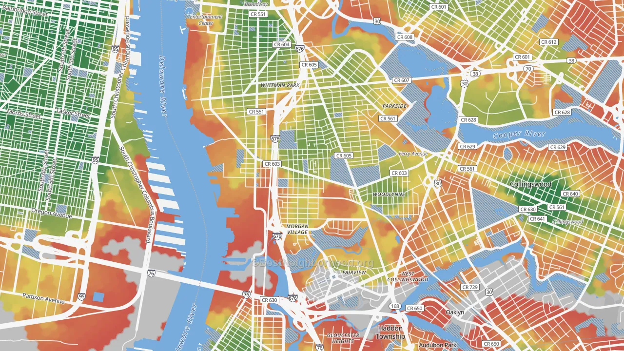 Walk Grade map of Centerville, Camden, NJ, walkable areas in green and car-dependent areas in red