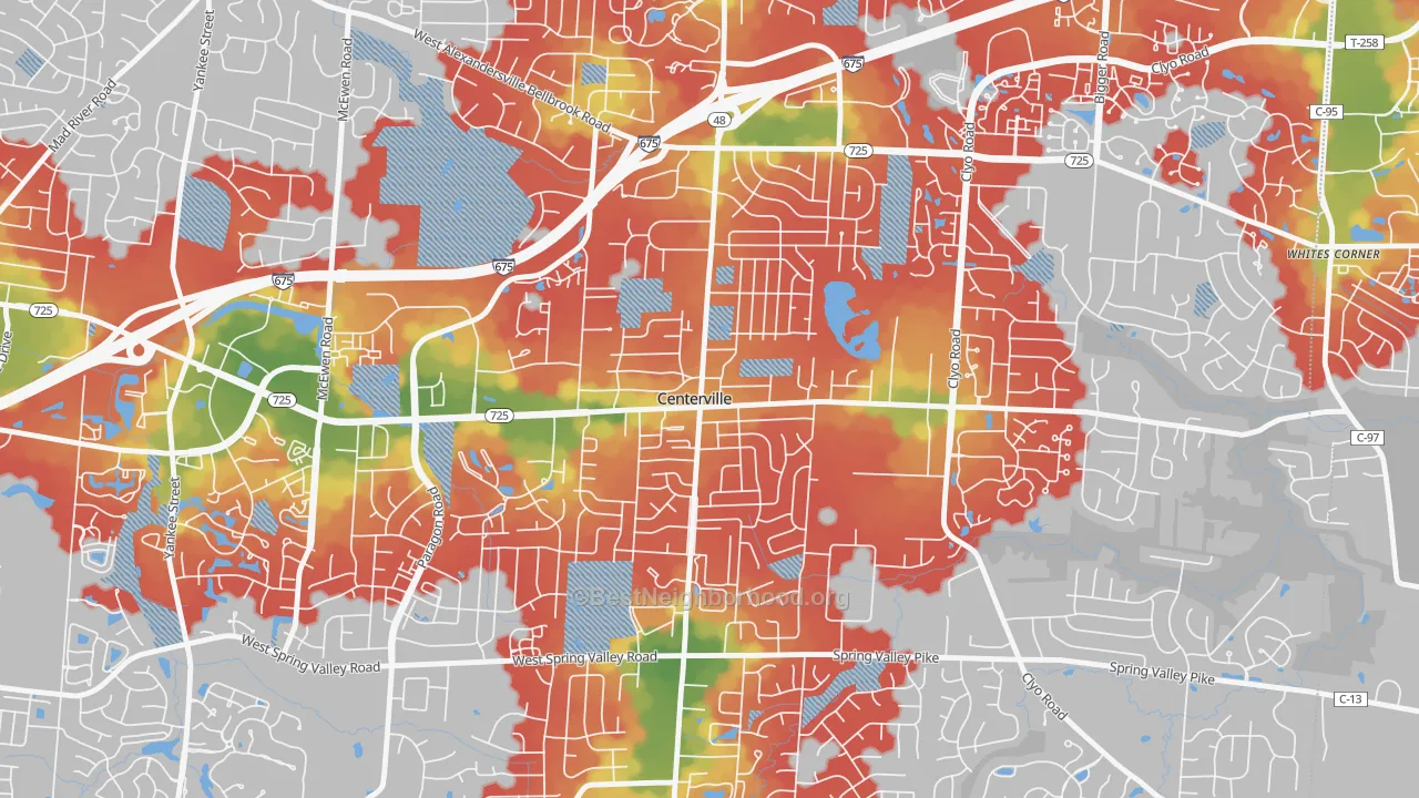 Walk Grade map of Centerville Historic District, Centerville, OH, walkable areas in green and car-dependent areas in red