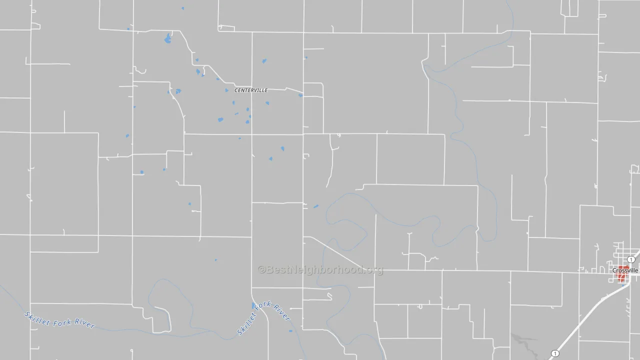 Walk Grade map of Centerville, IL, walkable areas in green and car-dependent areas in red