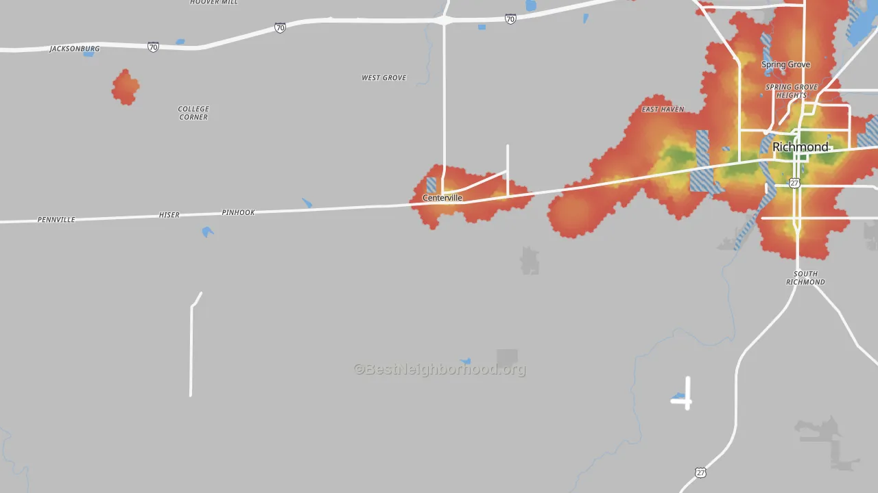 Walk Grade map of Centerville, IN, walkable areas in green and car-dependent areas in red