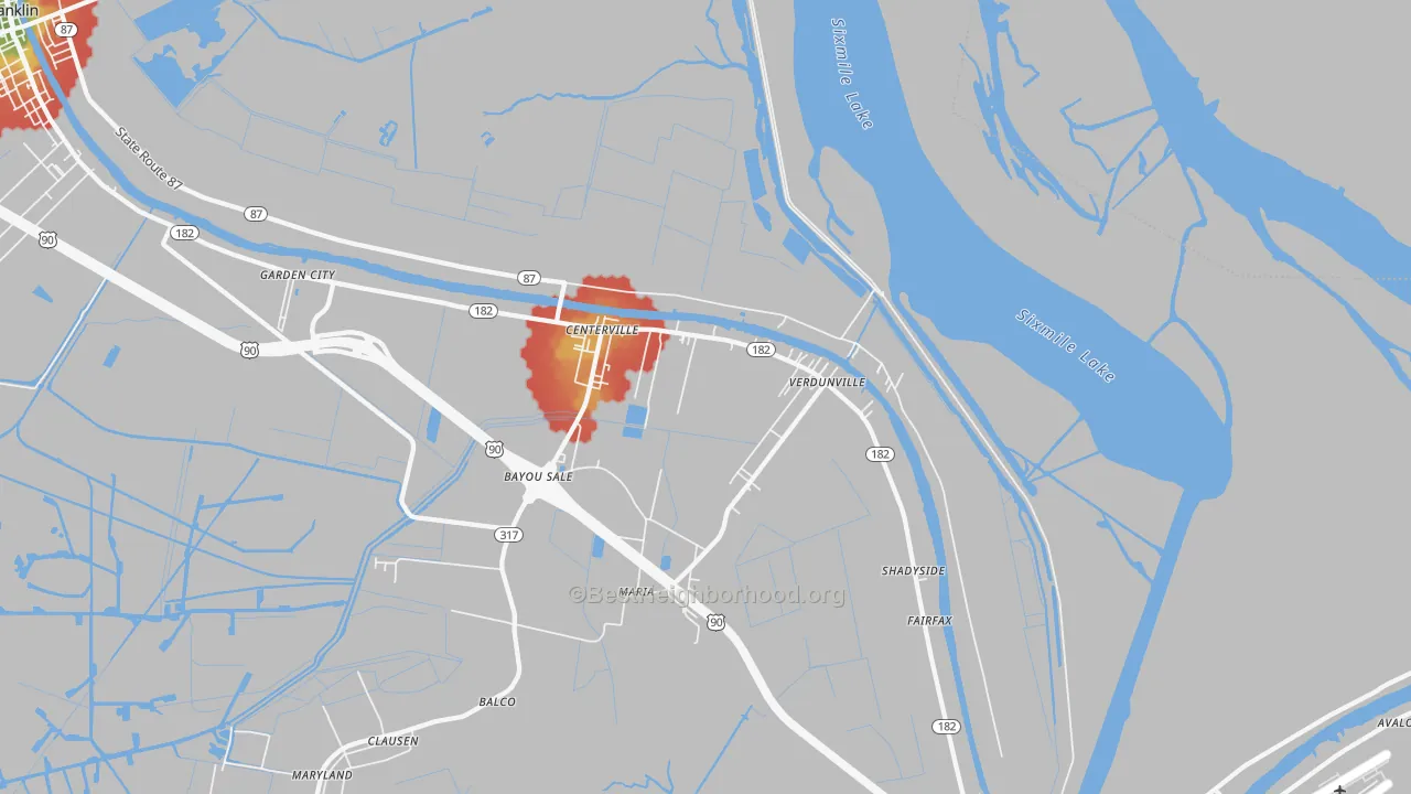 Walk Grade map of Centerville, LA, walkable areas in green and car-dependent areas in red