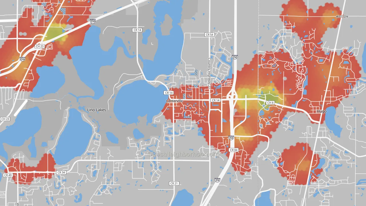 Walk Grade map of Centerville, MN, walkable areas in green and car-dependent areas in red