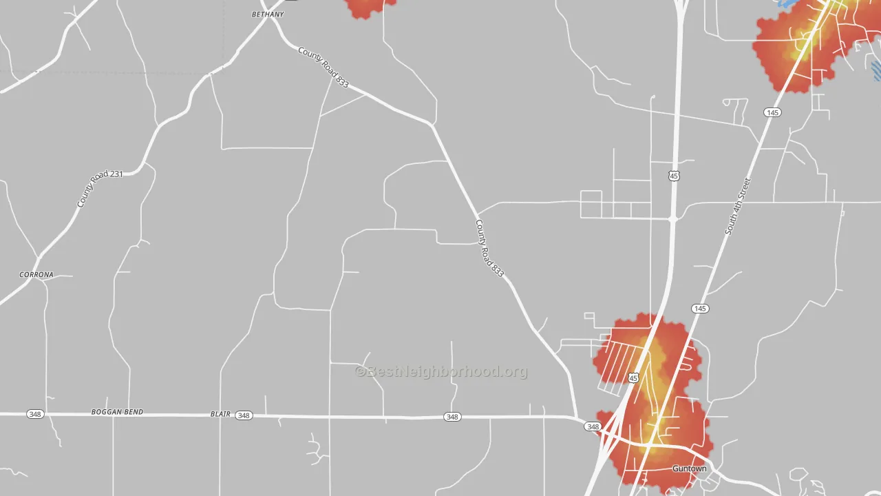 Walk Grade map of Centerville, MS, walkable areas in green and car-dependent areas in red