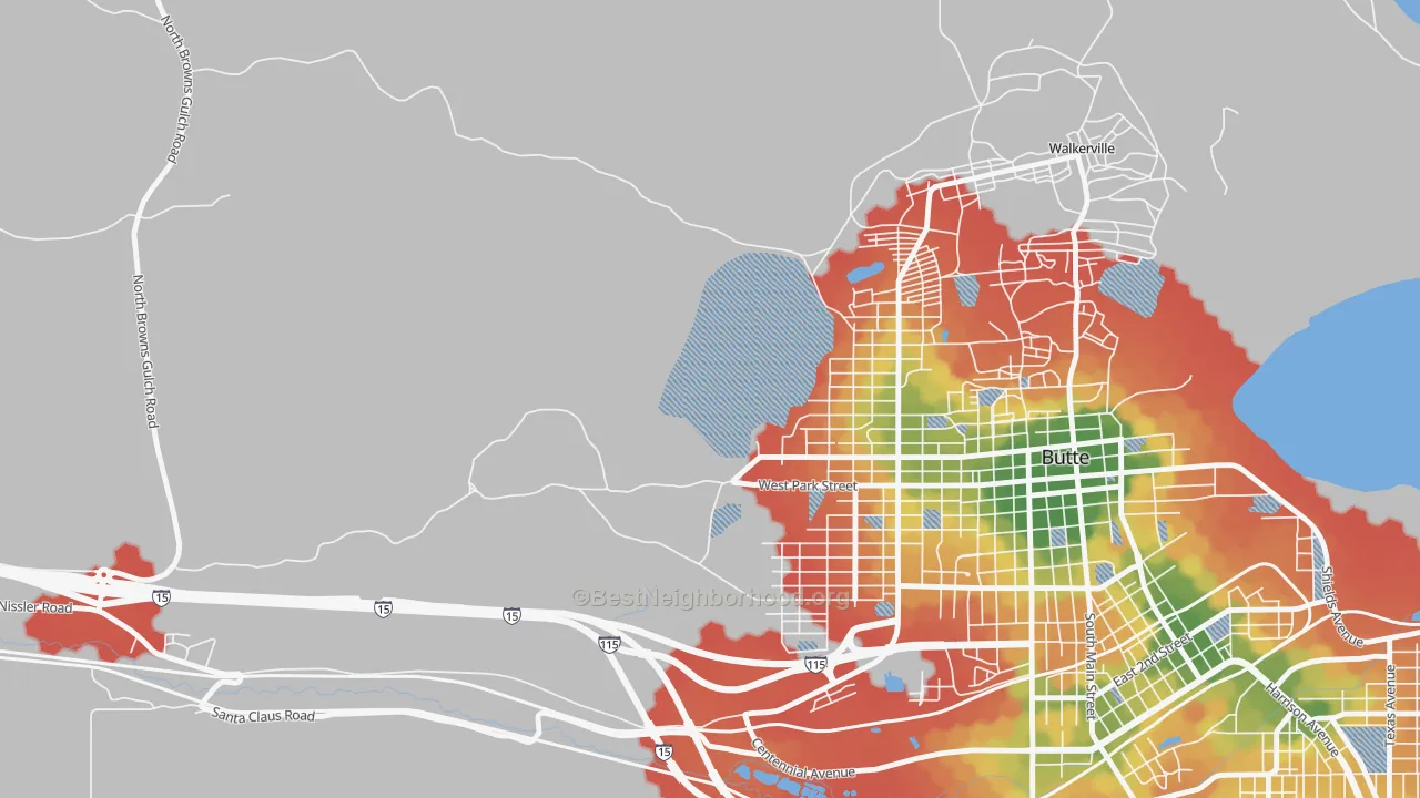 Walk Grade map of Centerville, MT, walkable areas in green and car-dependent areas in red