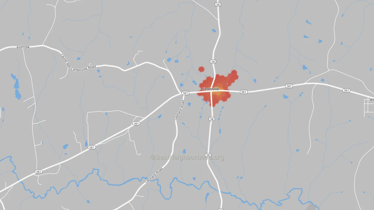 Walk Grade map of Centerville, NC, walkable areas in green and car-dependent areas in red