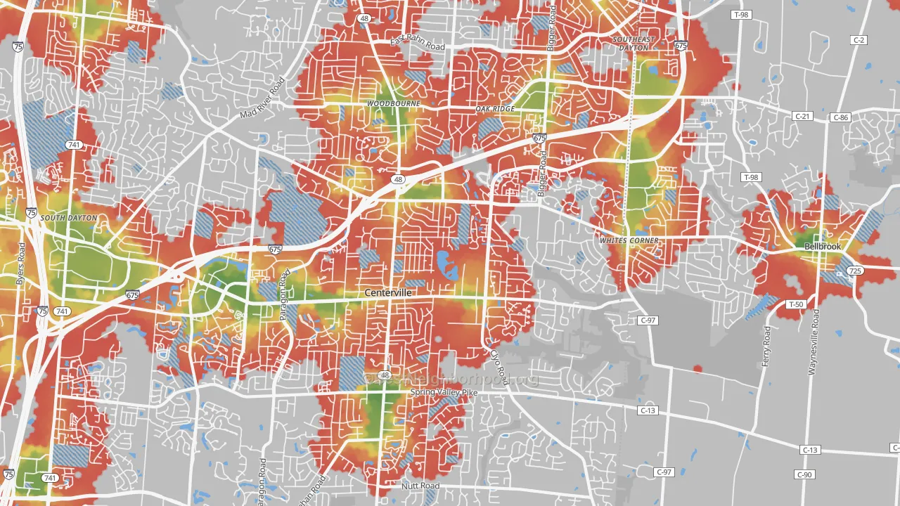 Walk Grade map of Centerville, OH, walkable areas in green and car-dependent areas in red