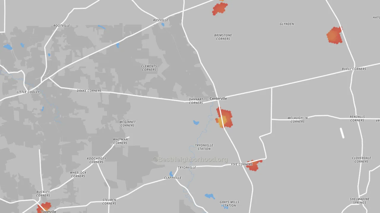 Walk Grade map of Centerville, PA, walkable areas in green and car-dependent areas in red