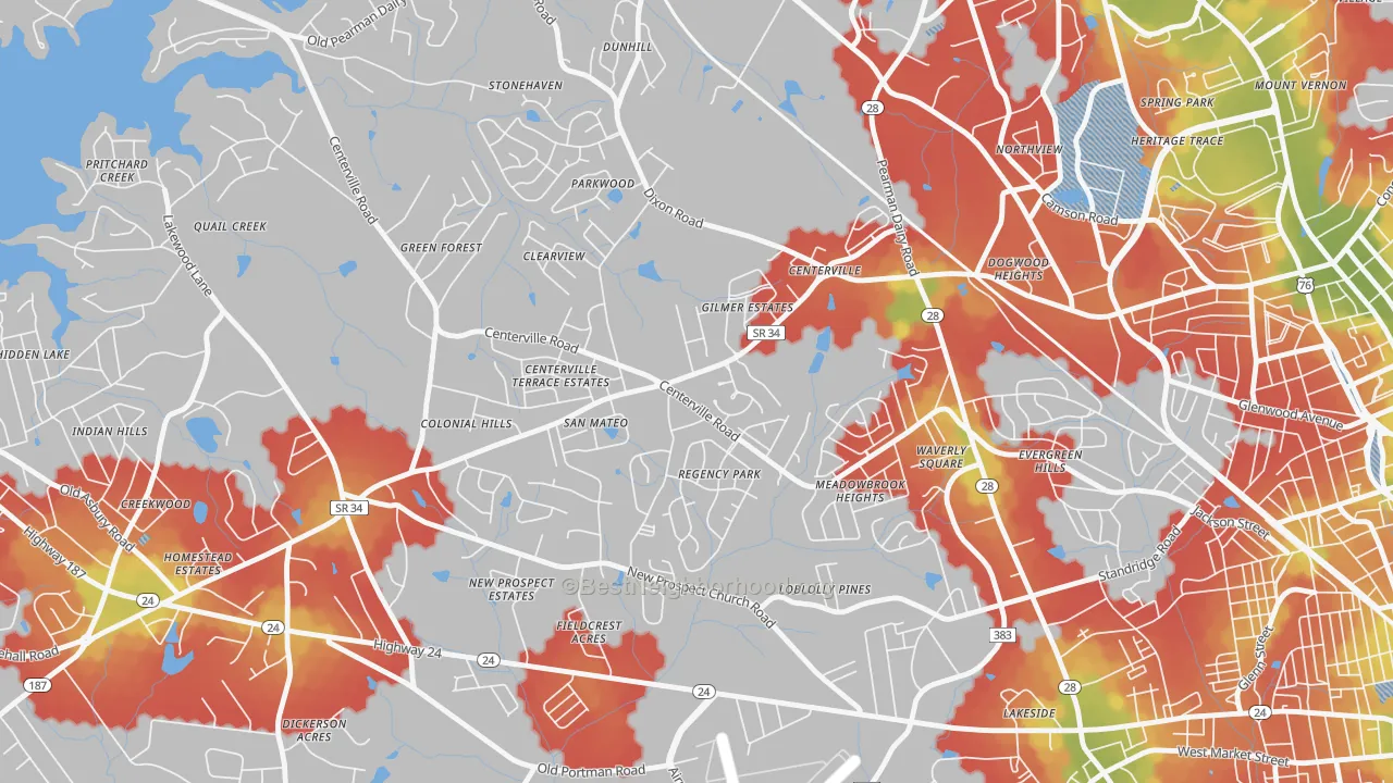 Walk Grade map of Centerville, SC, walkable areas in green and car-dependent areas in red
