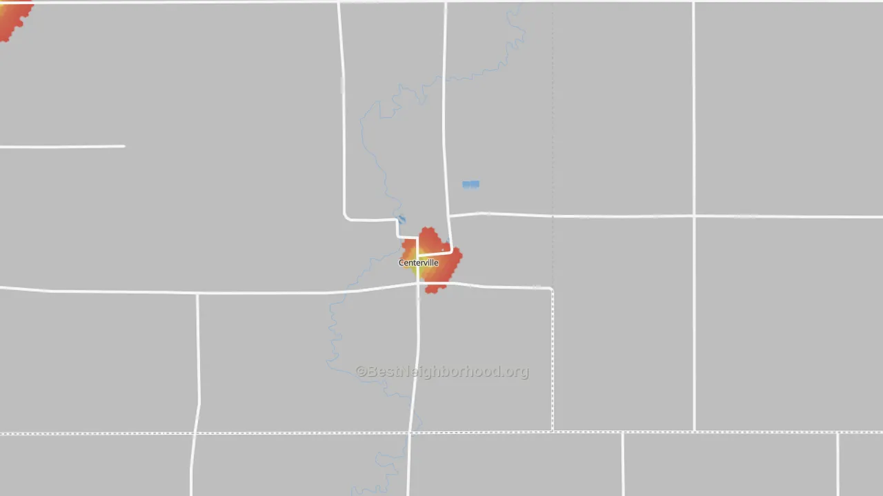 Walk Grade map of Centerville, SD, walkable areas in green and car-dependent areas in red