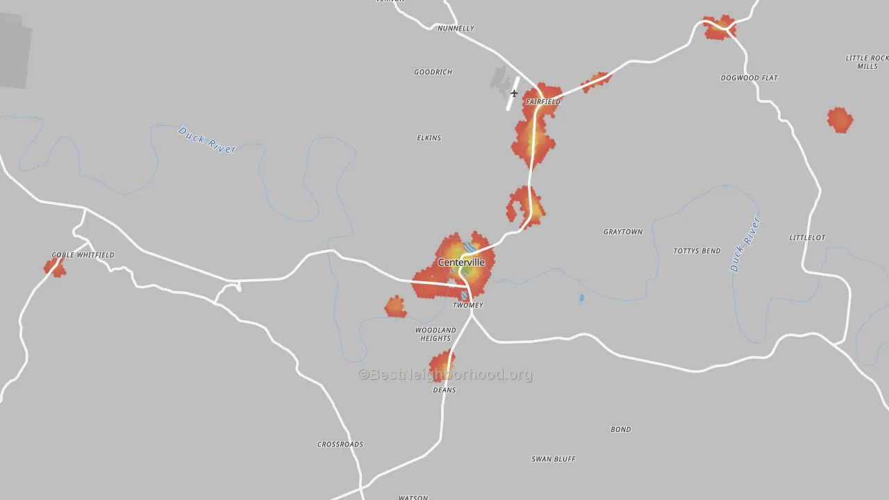 Walk Grade map of Centerville, TN, walkable areas in green and car-dependent areas in red