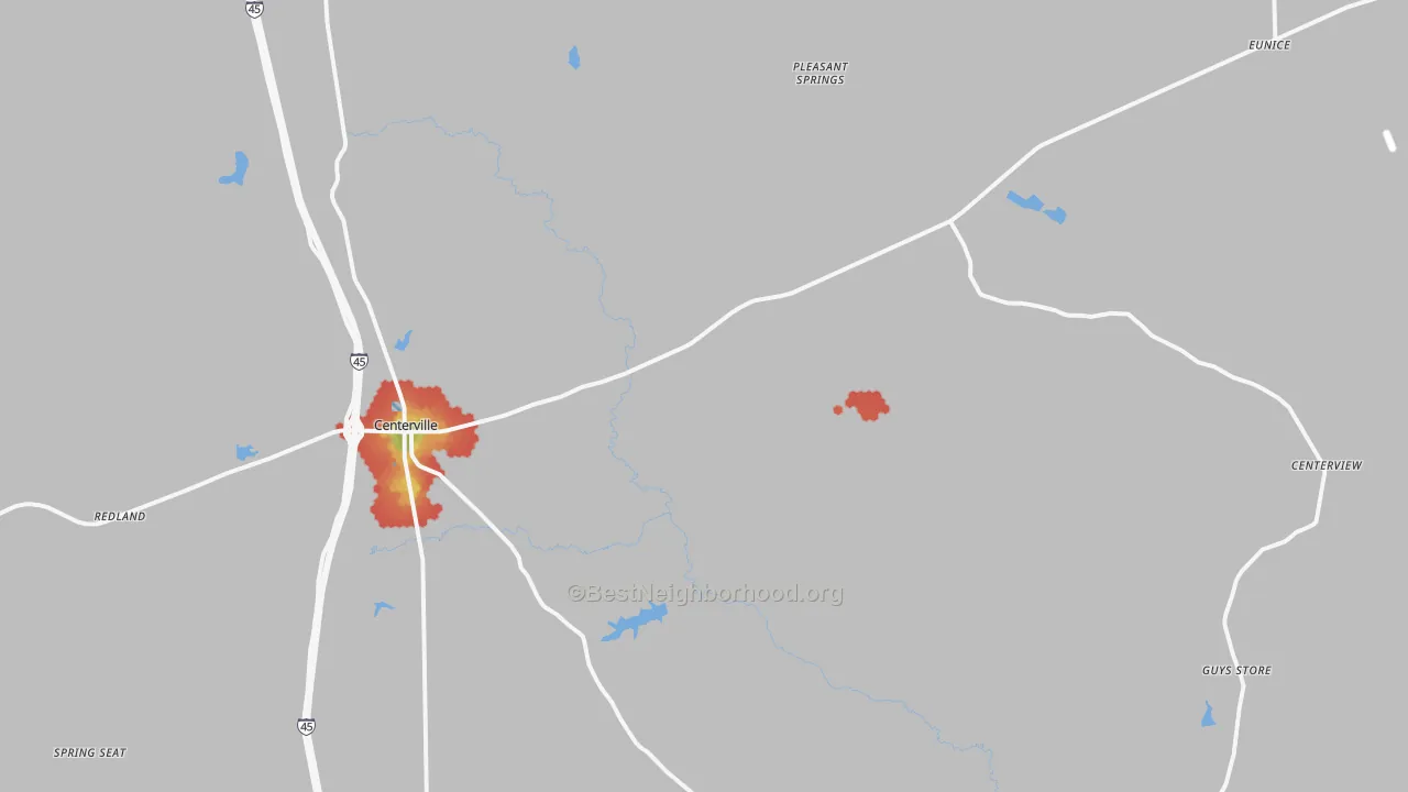 Walk Grade map of Centerville, TX, walkable areas in green and car-dependent areas in red