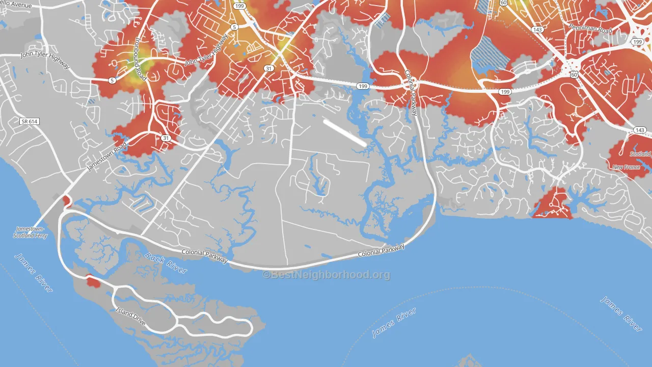 Walk Grade map of Centerville, VA, walkable areas in green and car-dependent areas in red