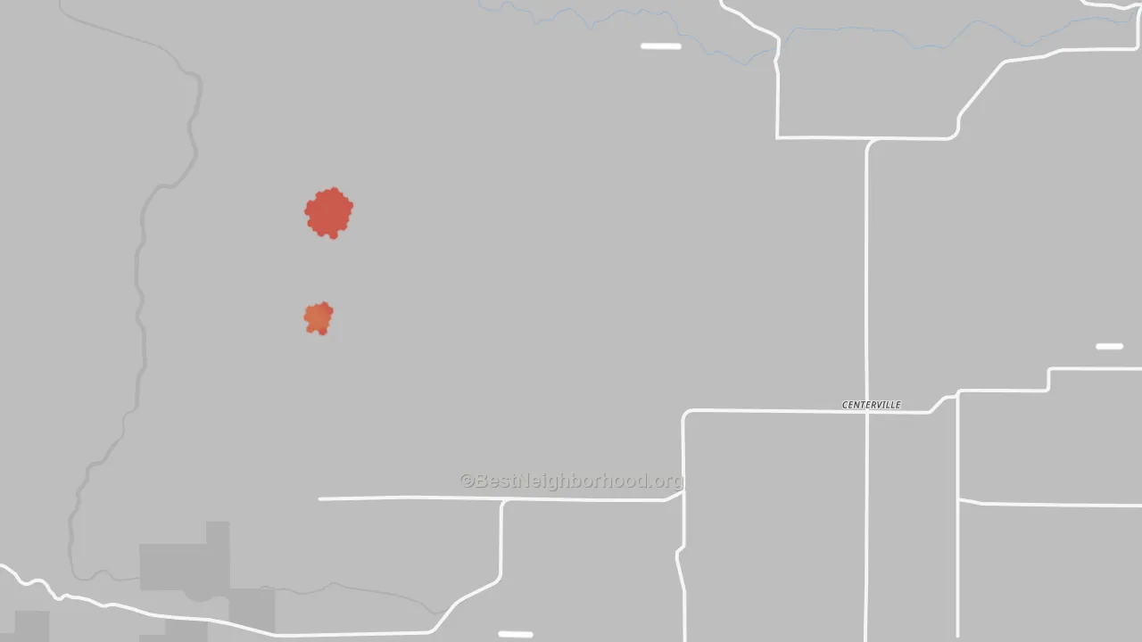 Walk Grade map of Centerville, WA, walkable areas in green and car-dependent areas in red