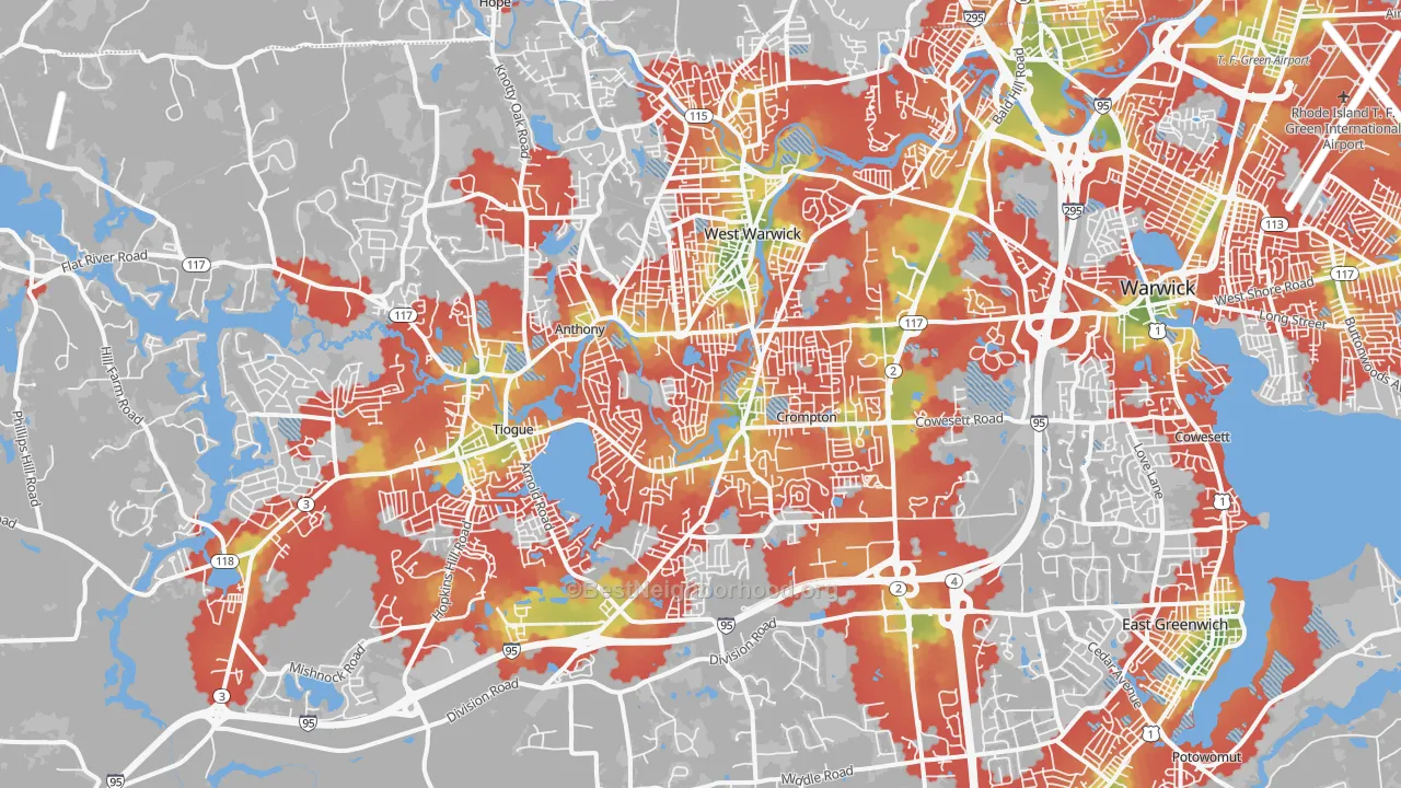 Walk Grade map of Centerville, West Warwick, RI, walkable areas in green and car-dependent areas in red