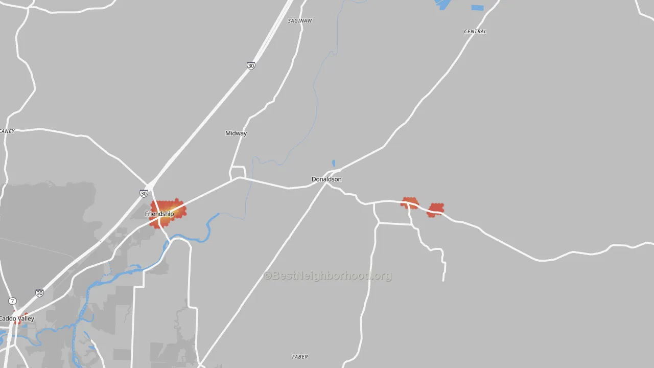 Walk Grade map of Central, AR, walkable areas in green and car-dependent areas in red