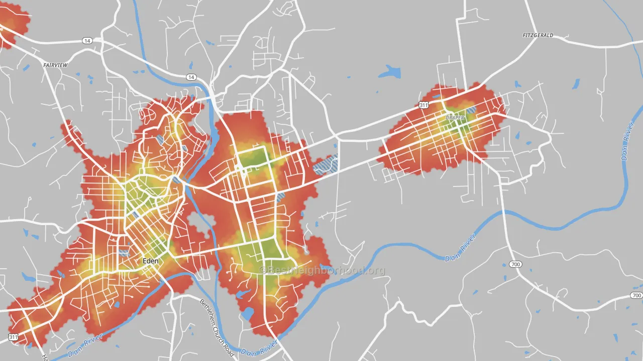 Walk Grade map of Central Area, Eden, NC, walkable areas in green and car-dependent areas in red
