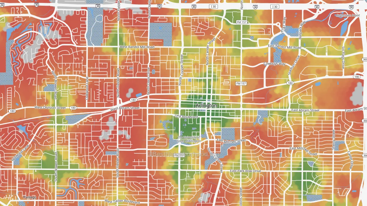 Walk Grade map of Central Arlington, Arlington, TX, walkable areas in green and car-dependent areas in red