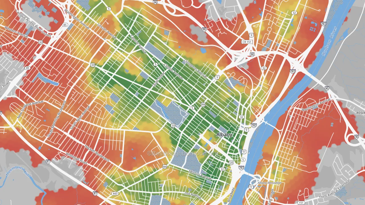 Walk Grade map of Central Ave, Albany, NY, walkable areas in green and car-dependent areas in red