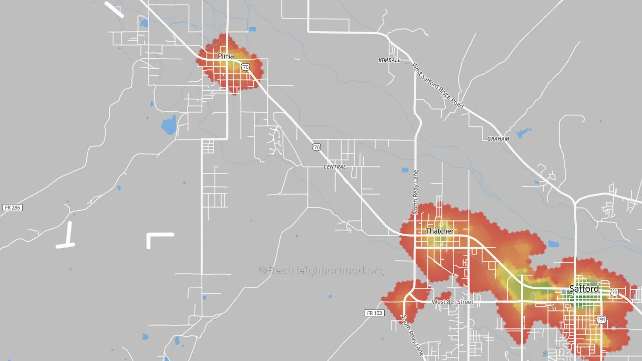 Walk Grade map of Central, AZ, walkable areas in green and car-dependent areas in red