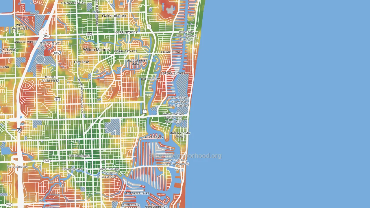 Walk Grade map of Central Beach, Fort Lauderdale, FL, walkable areas in green and car-dependent areas in red