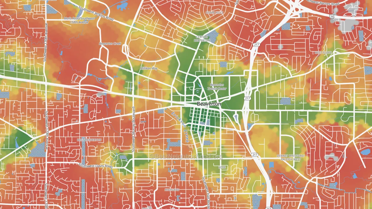 Walk Grade map of Central Beaverton, Beaverton, OR, walkable areas in green and car-dependent areas in red