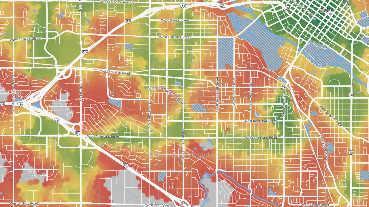 Walk Grade map of Central Bench, Boise, ID, walkable areas in green and car-dependent areas in red