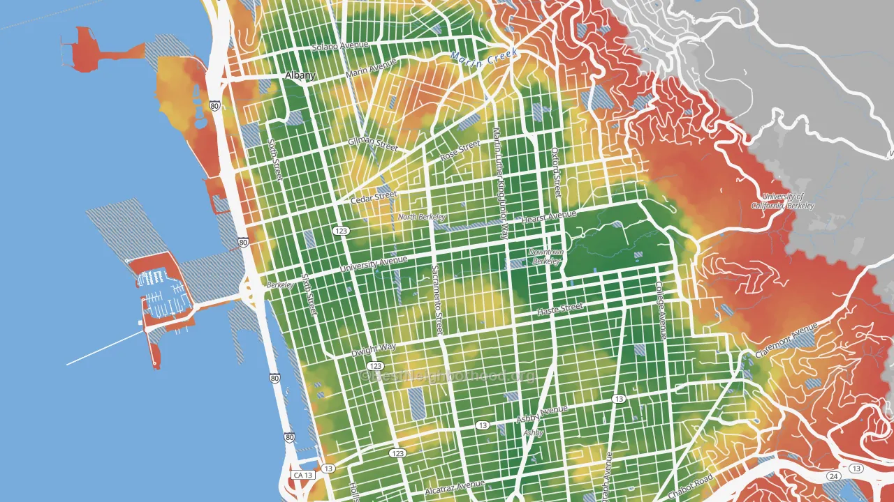 Walk Grade map of Central Berkeley, Berkeley, CA, walkable areas in green and car-dependent areas in red