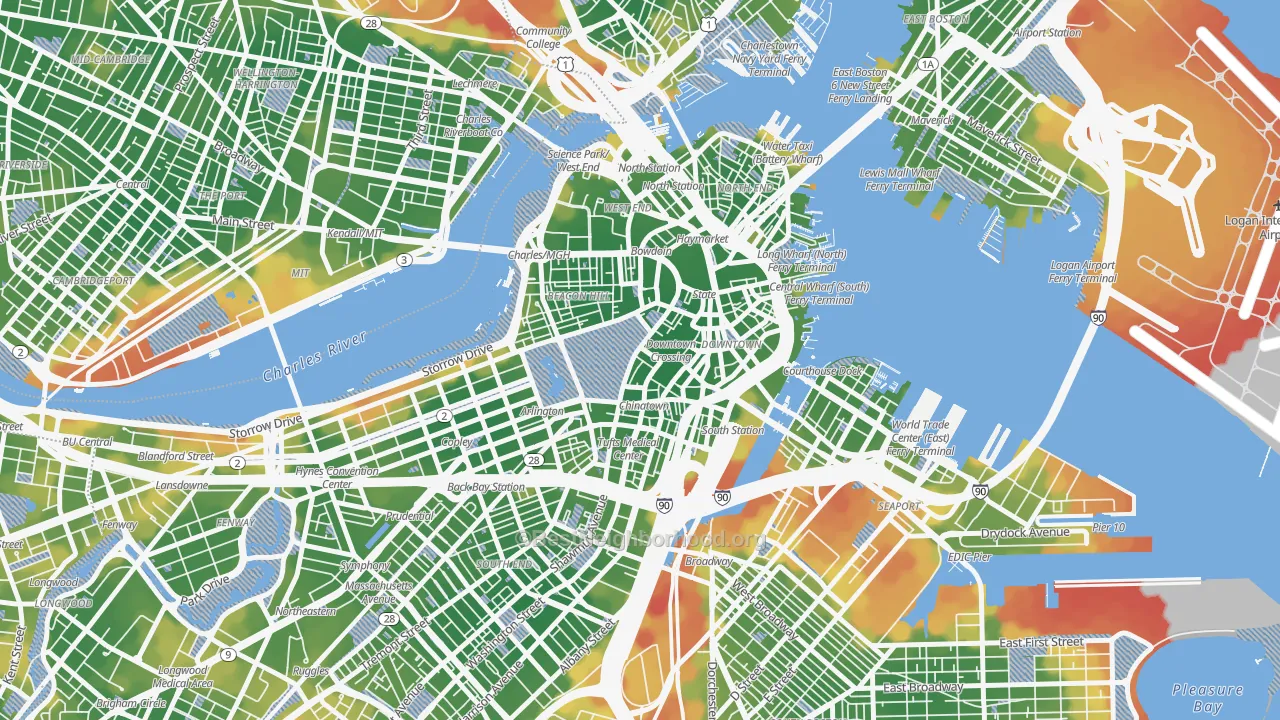 Walk Grade map of Central, Boston, MA, walkable areas in green and car-dependent areas in red