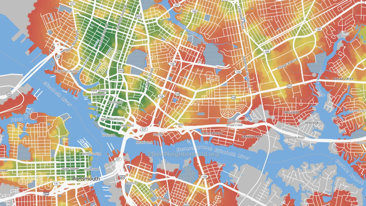 Walk Grade map of Central Brambleton, Norfolk, VA, walkable areas in green and car-dependent areas in red
