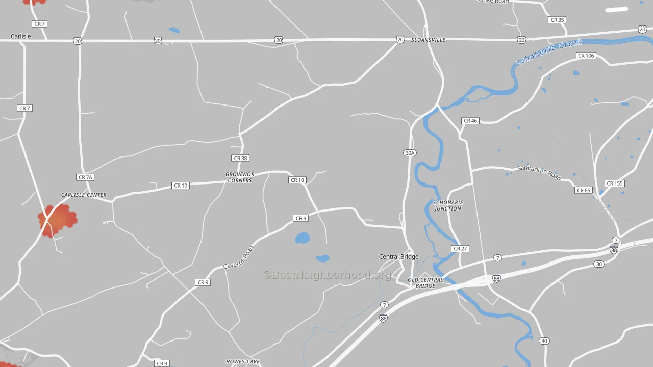 Walk Grade map of Central Bridge, NY, walkable areas in green and car-dependent areas in red